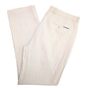 Perry Ellis Pants Mens 36x32 Beige Linen Blend Dress Pants Back Button Pockets
